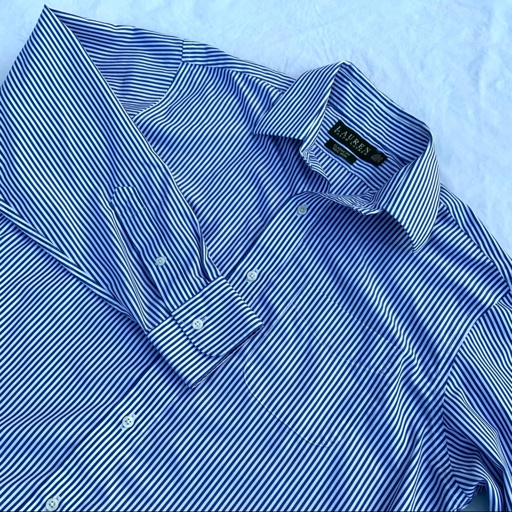 Lauren Ralph Lauren button up shirt blue and white‎ vertical stripe 15 1/2 32/33